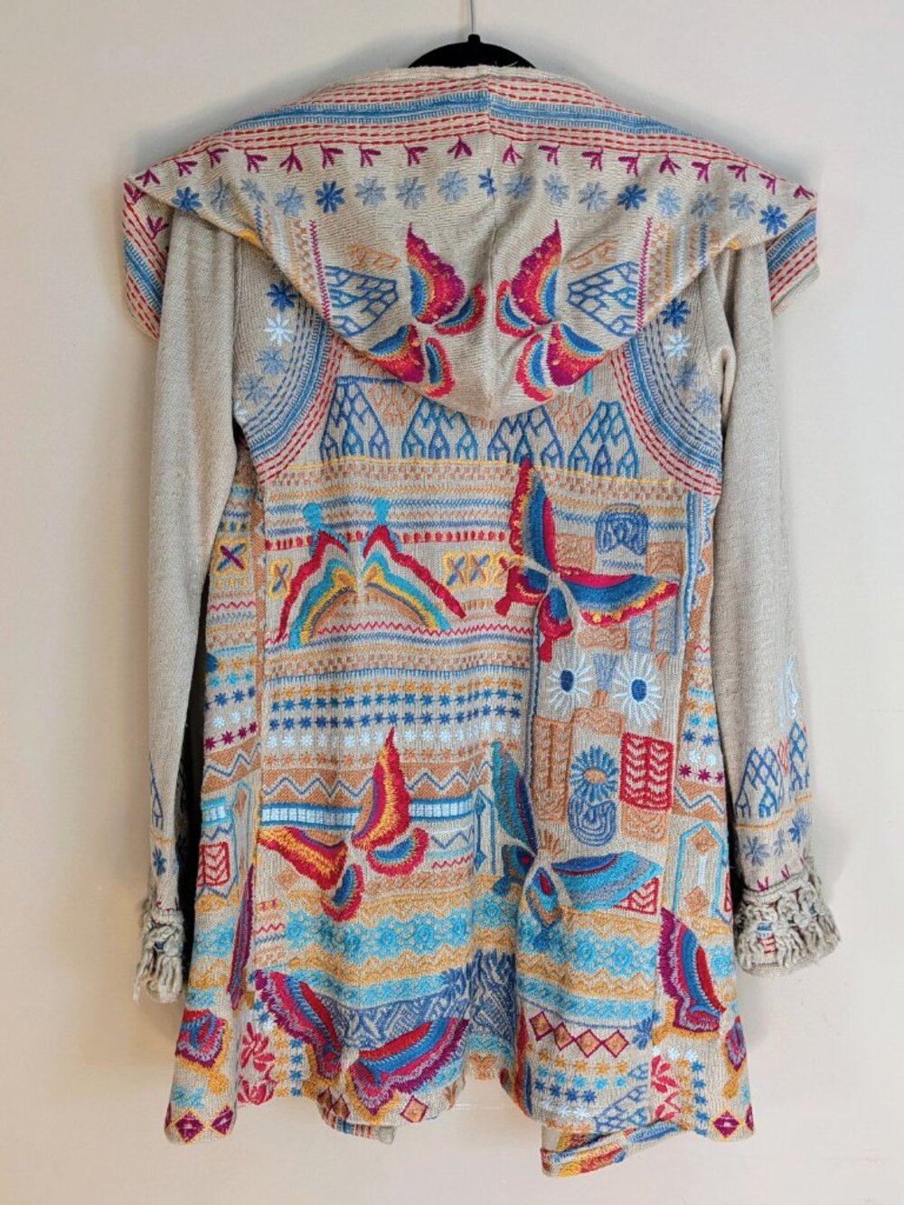 JOHNNY WAS BIYA Women's Embroidered Hooded Duster Cardigan Butterfly Beige Sz XS - Picture 2 of 7